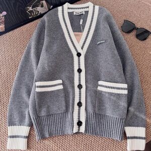 Miu Miu Gray & White V-Neck Ribbed Cardigan Sweater